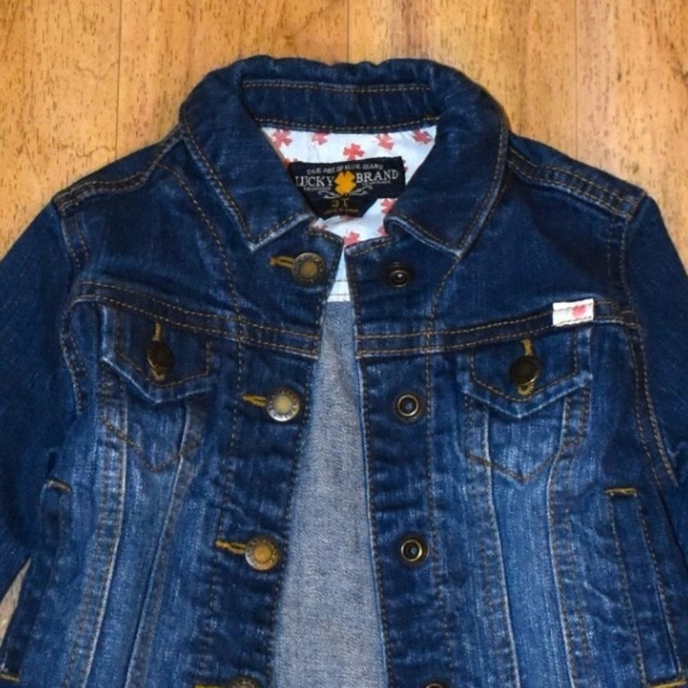 Lucky Brand Denim Trucker Jacket Kids 3T Dark Blue Excellent Clover Print Lining